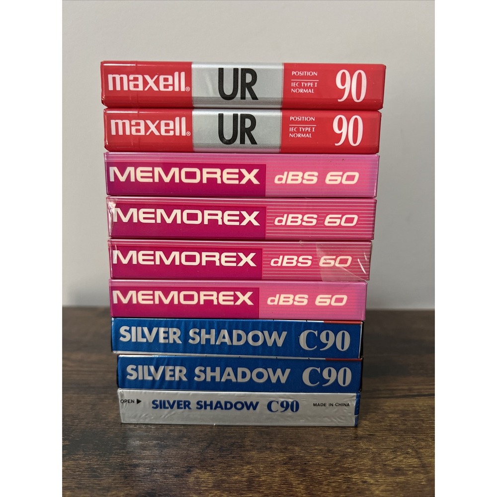 Lot of 9 SEALED Cassette Tapes: Maxell UR90, Memorex DBS 60, Silver Shadow C90‎
